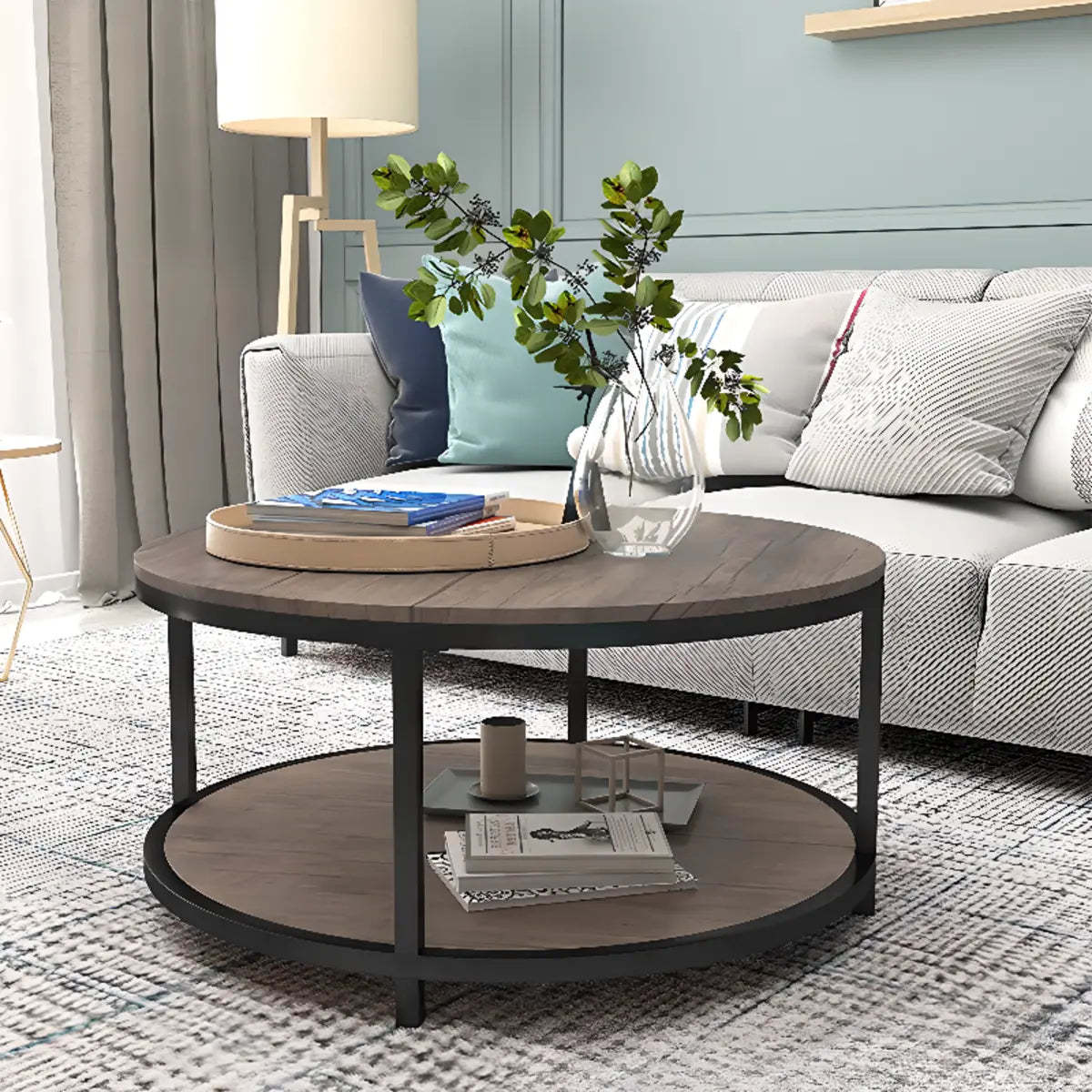 Simple Brown Wood Round Four-Leg Coffee Table
