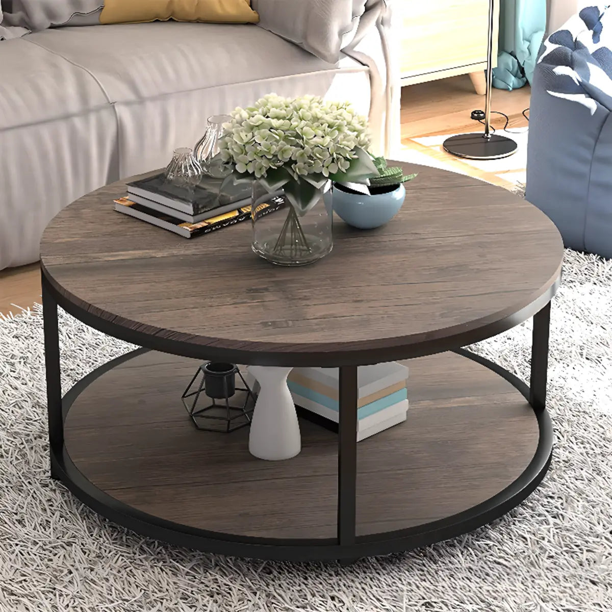 Simple Brown Wood Round Four-Leg Coffee Table
