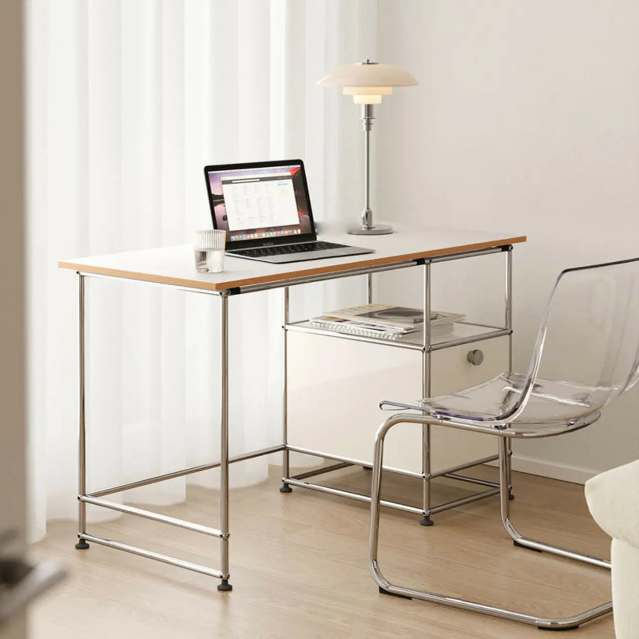 Simple White Wood Silver H-Shape Computer Desk