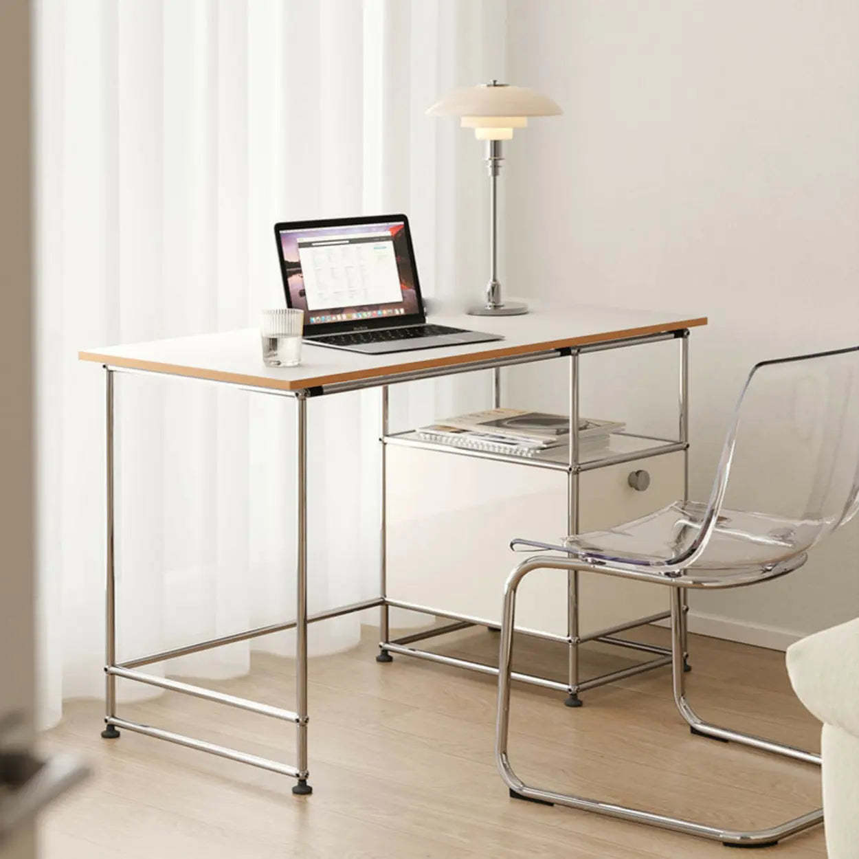 Simple White Wood Silver H-Shape Computer Desk — Without Chairs