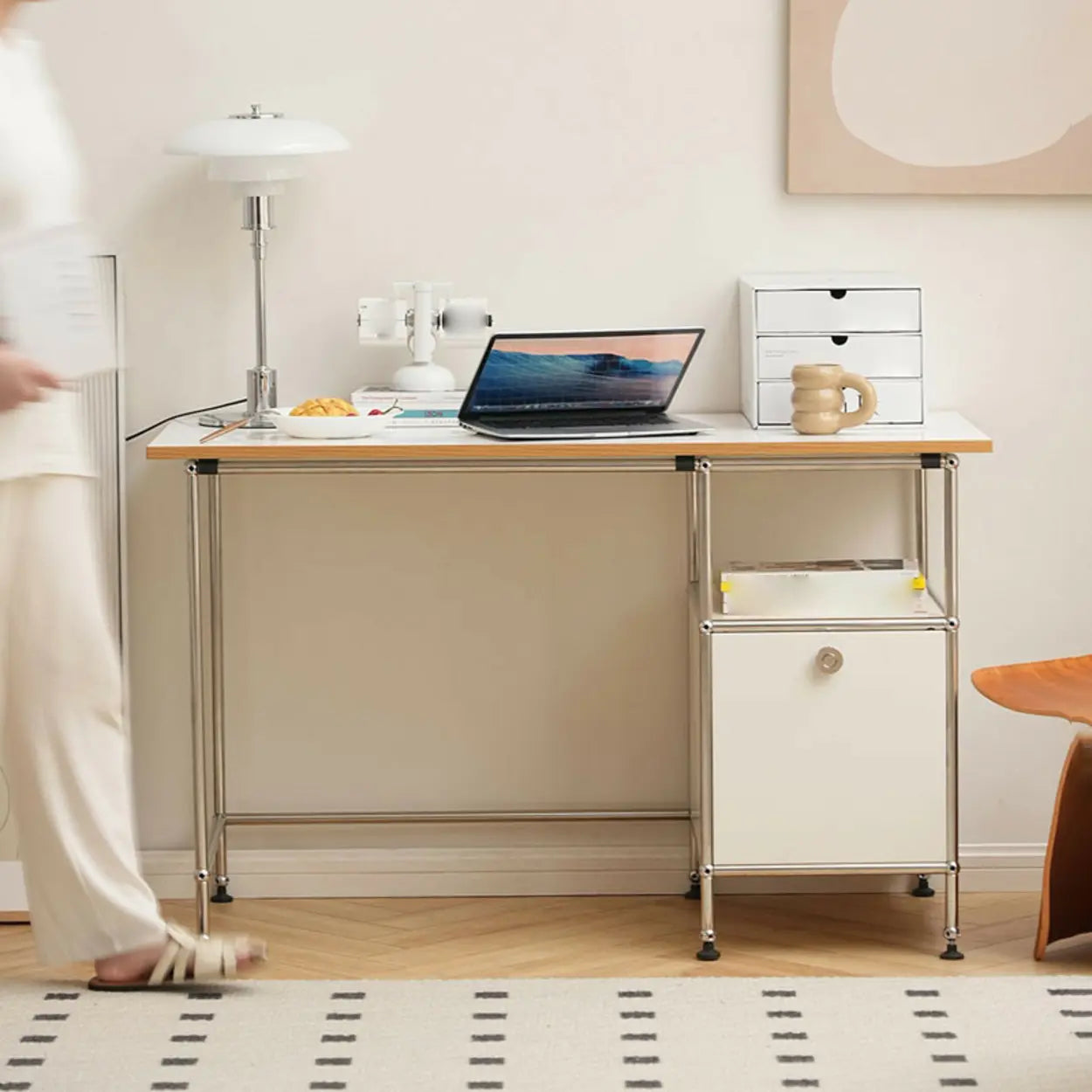 Simple White Wood Silver H-Shape Computer Desk — Without Chairs