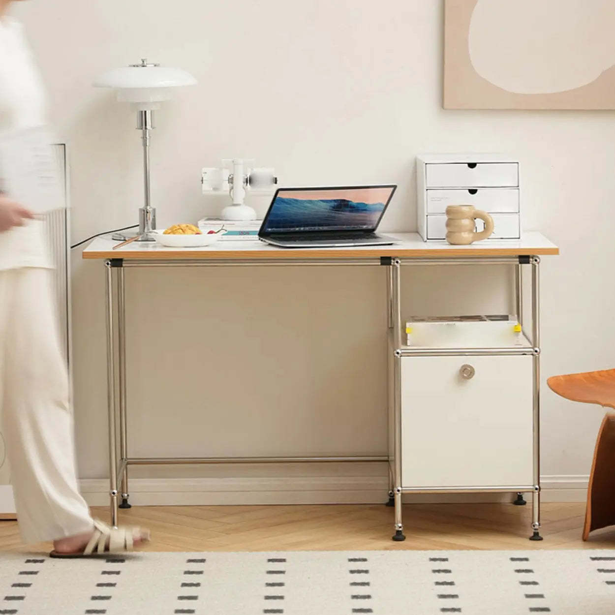 Simple White Wood Silver H-Shape Computer Desk — Without Chairs