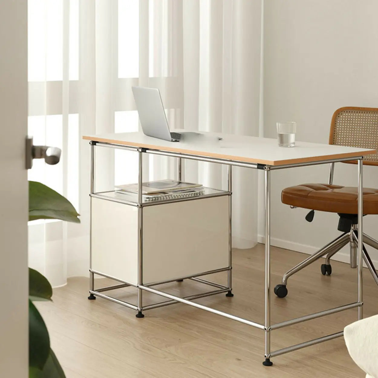 Simple White Wood Silver H-Shape Computer Desk