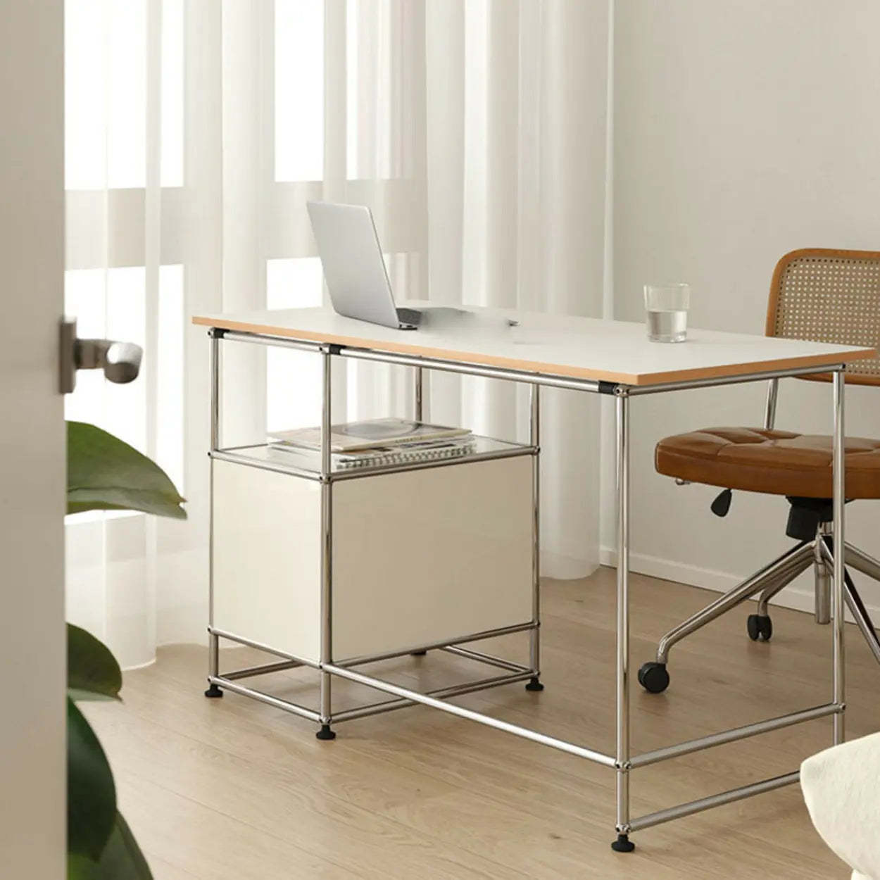 Simple White Wood Silver H-Shape Computer Desk