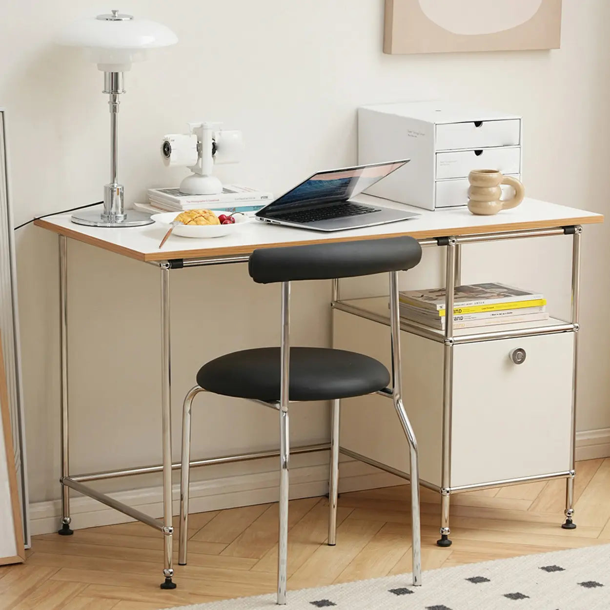 Simple White Wood Silver H-Shape Computer Desk