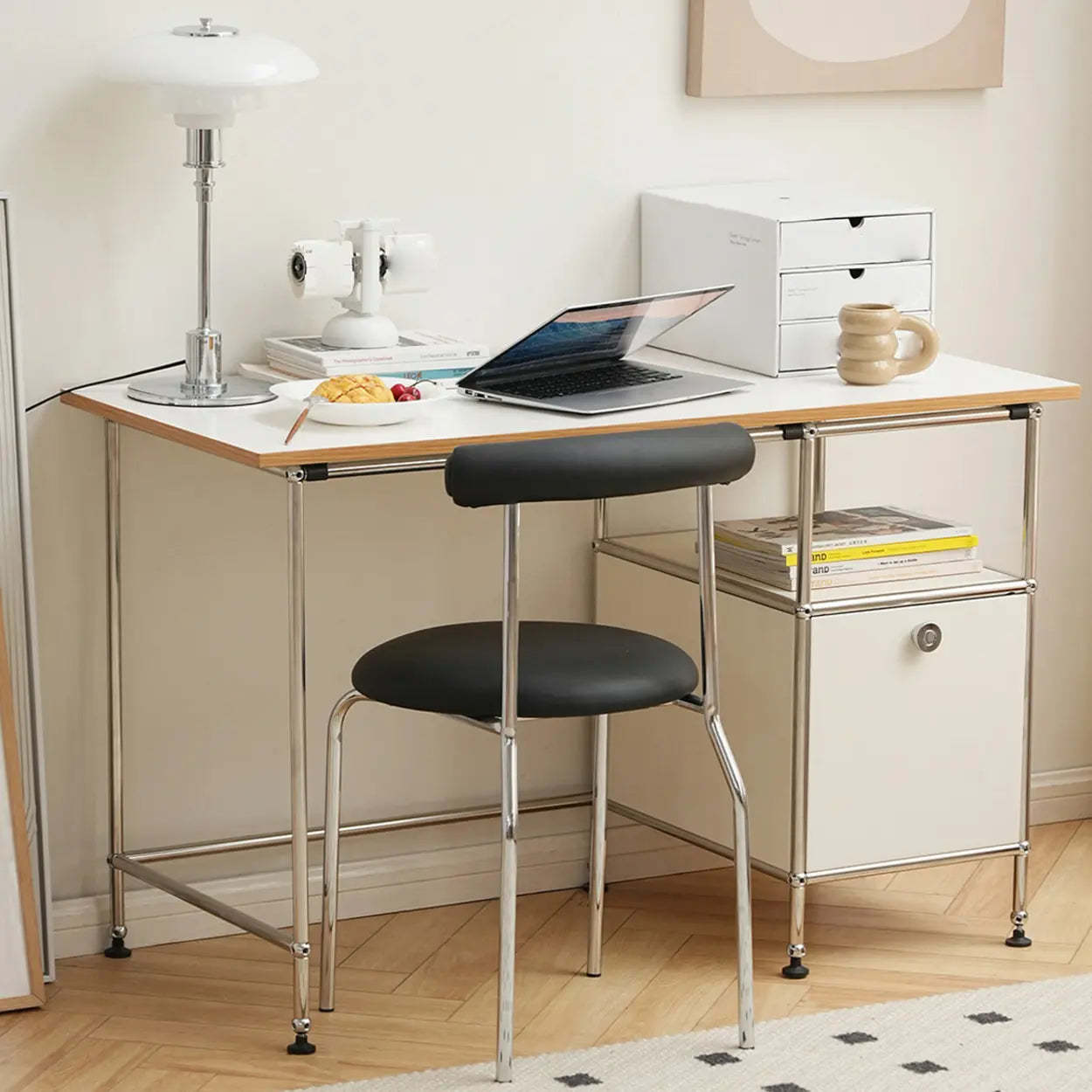 Simple White Wood Silver H-Shape Computer Desk