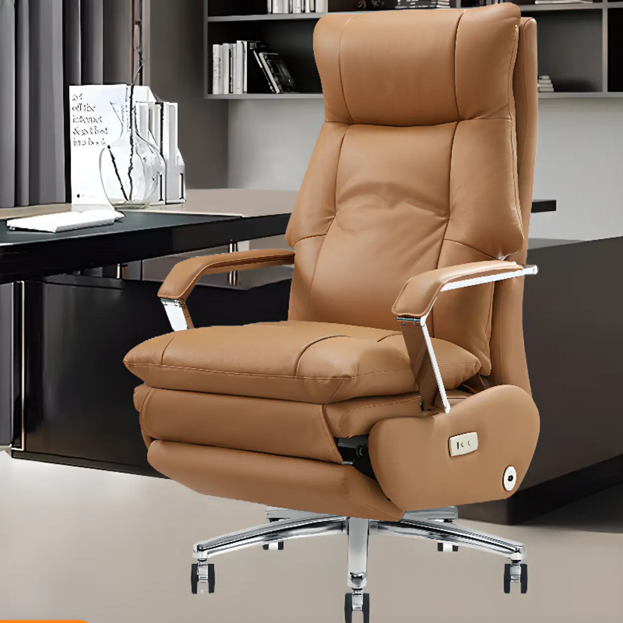 Simple Ergonomic Cowhide Orange Executive Chair — Black