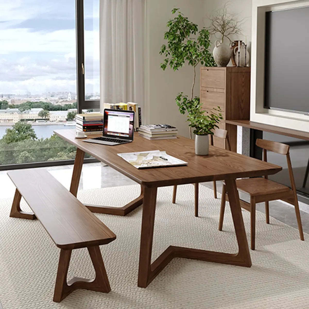 Simple Brown Pine Sled Writing Desk — Pine / Without Chairs