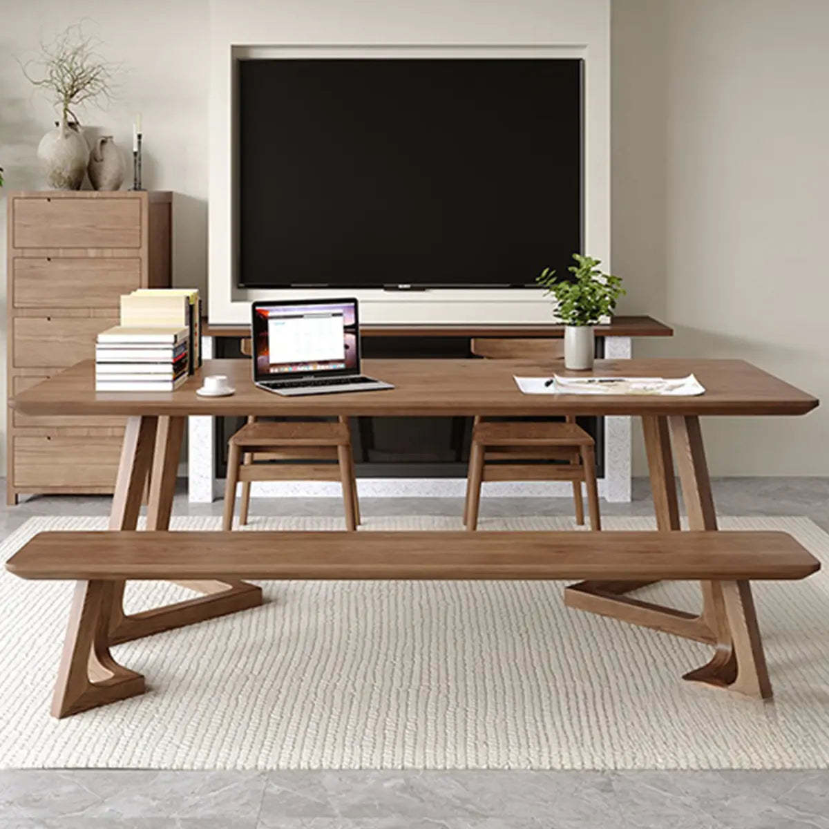 Simple Brown Pine Sled Writing Desk — Ash / Without Chairs