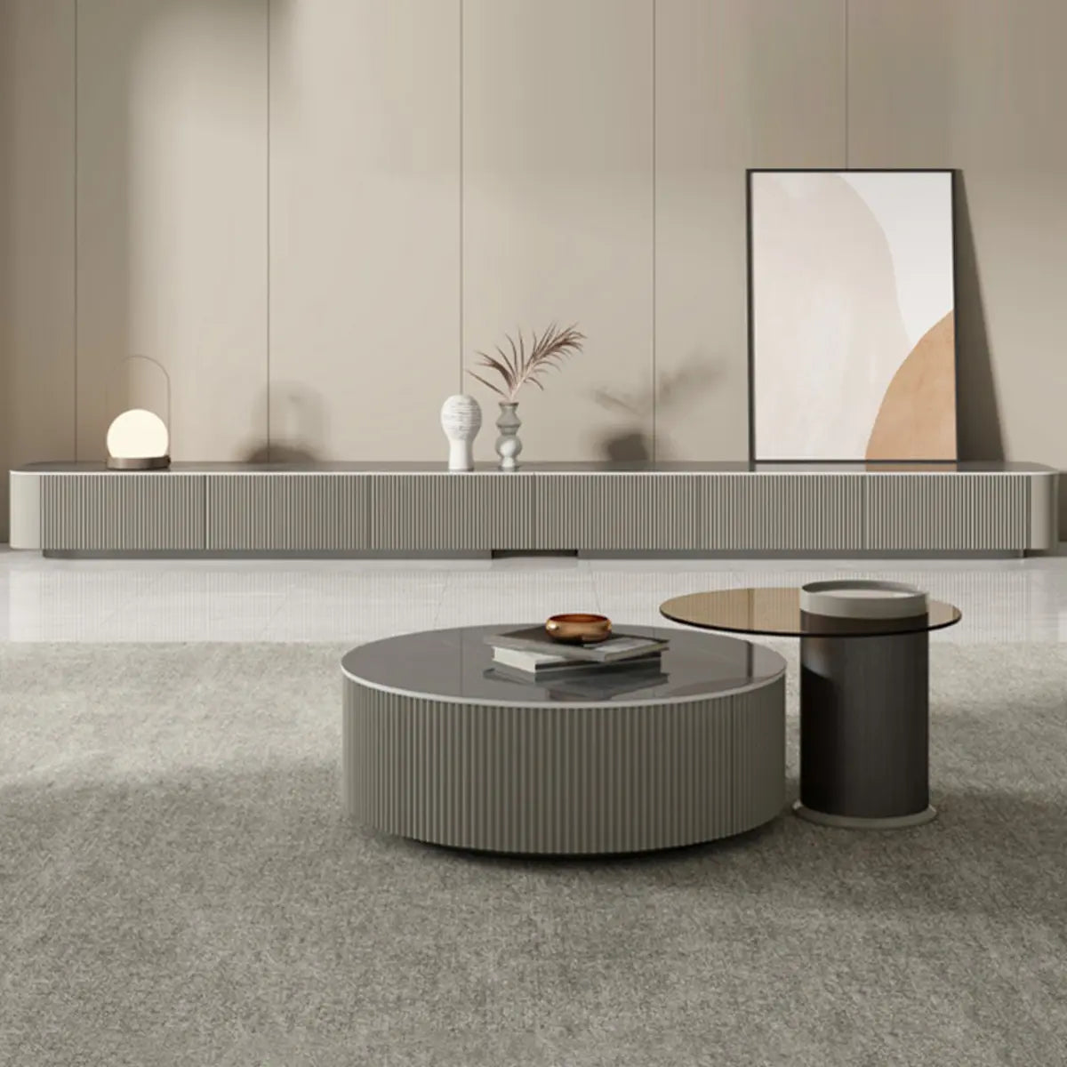 Gray Stone Rectangle Drawer Long TV Stand
