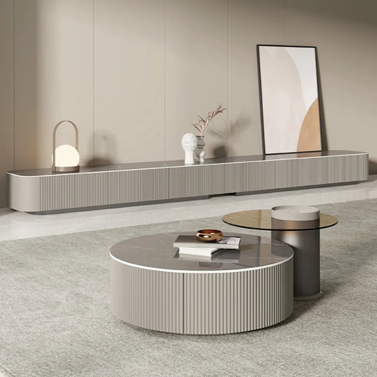 Gray Stone Rectangle Drawer Long TV Stand