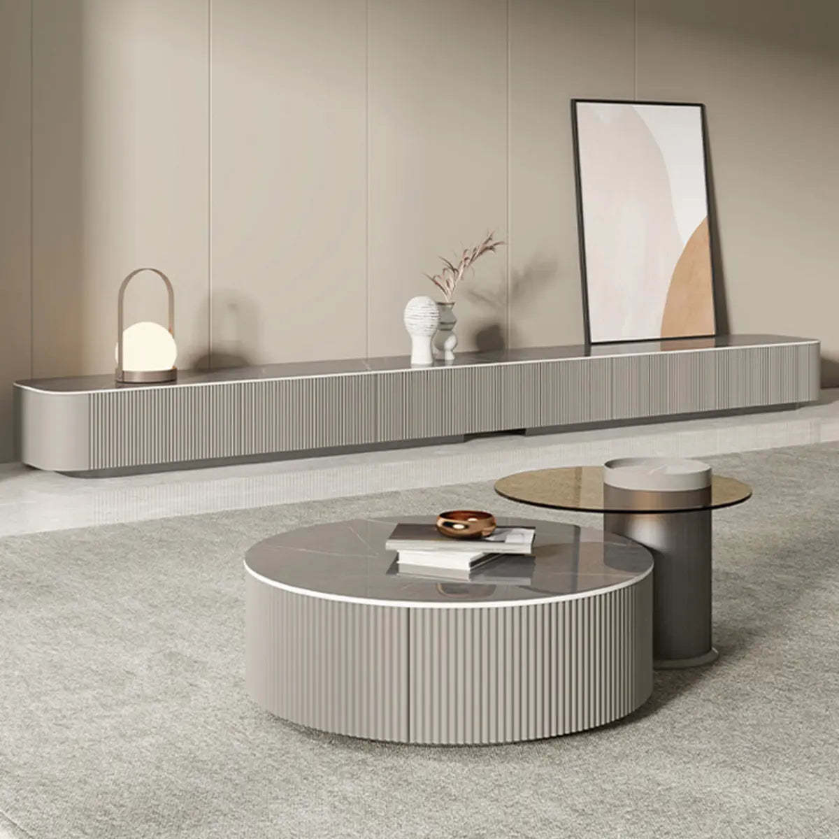Gray Stone Rectangle Drawer Long TV Stand