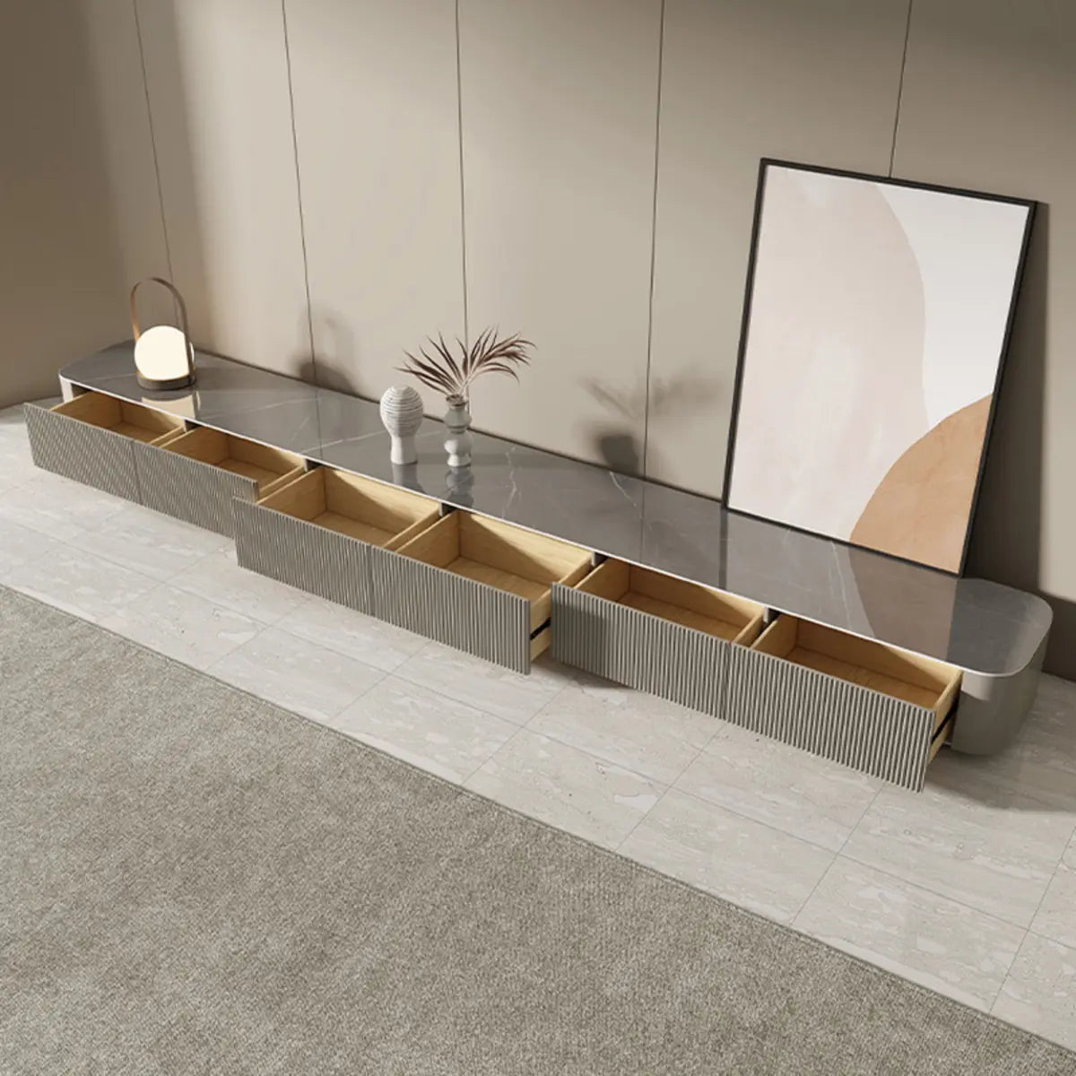 Gray Stone Rectangle Drawer Long TV Stand