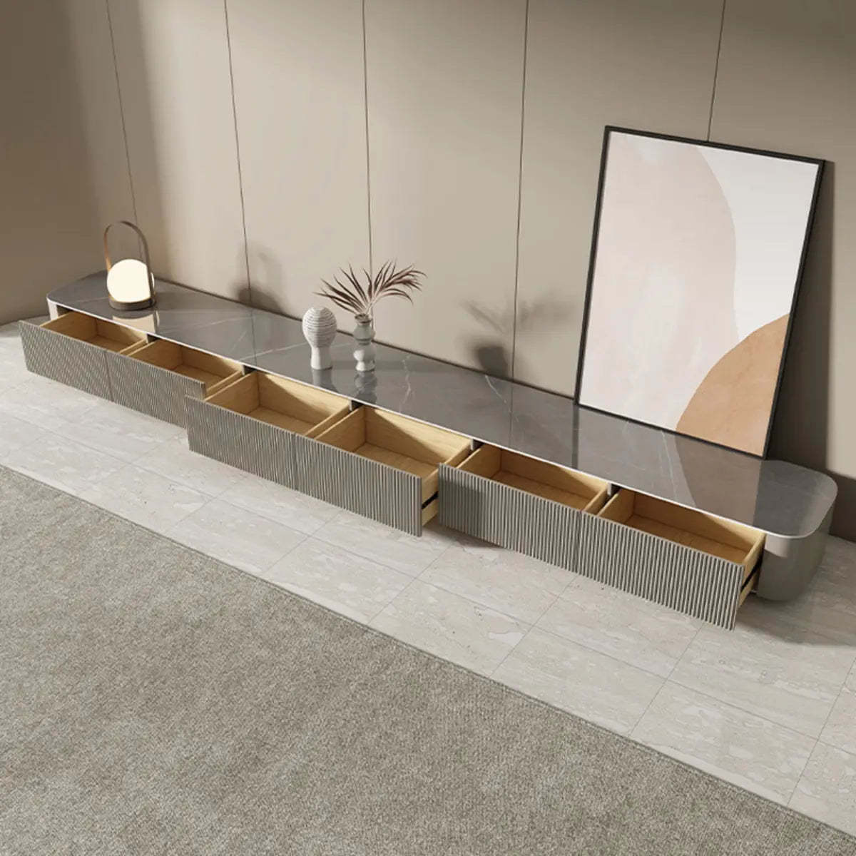 Gray Stone Rectangle Drawer Long TV Stand