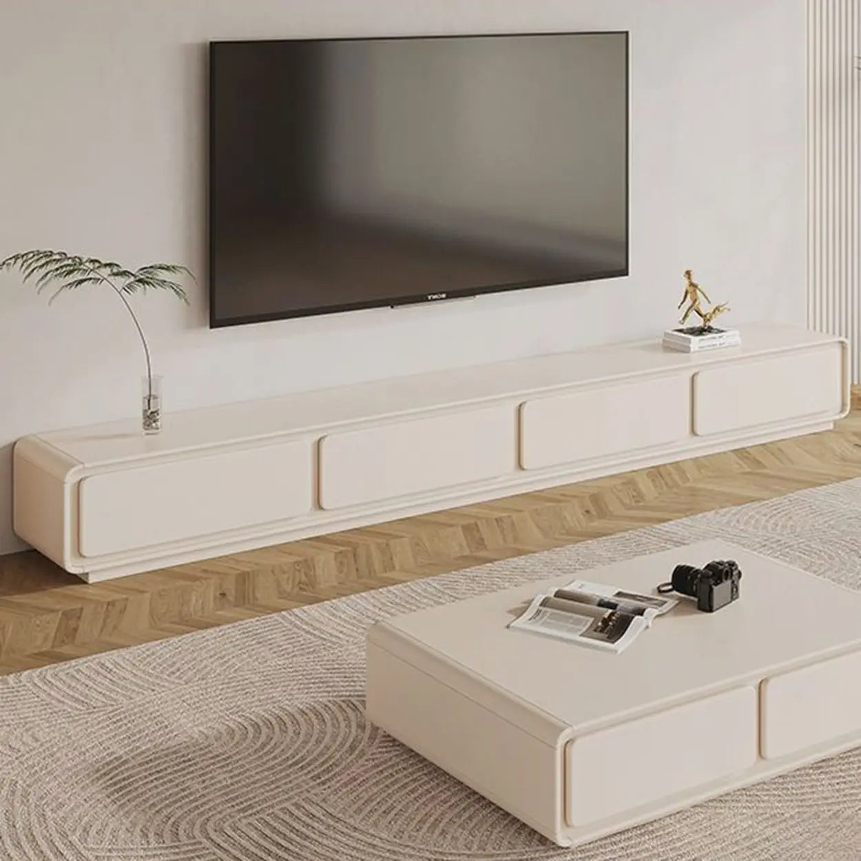 Simple White Wood Rectangular TV Stand with Drawers