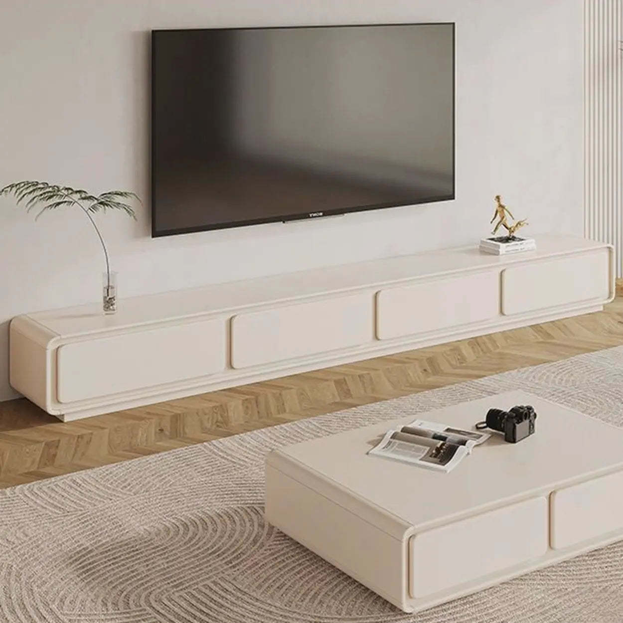Simple White Wood Rectangular TV Stand with Drawers