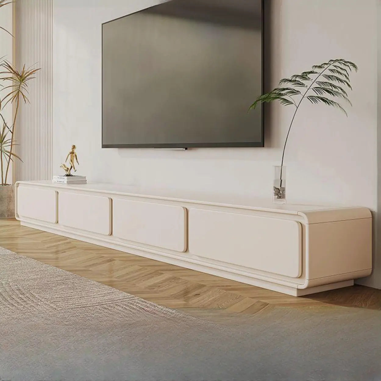 Simple White Wood Rectangular TV Stand with Drawers