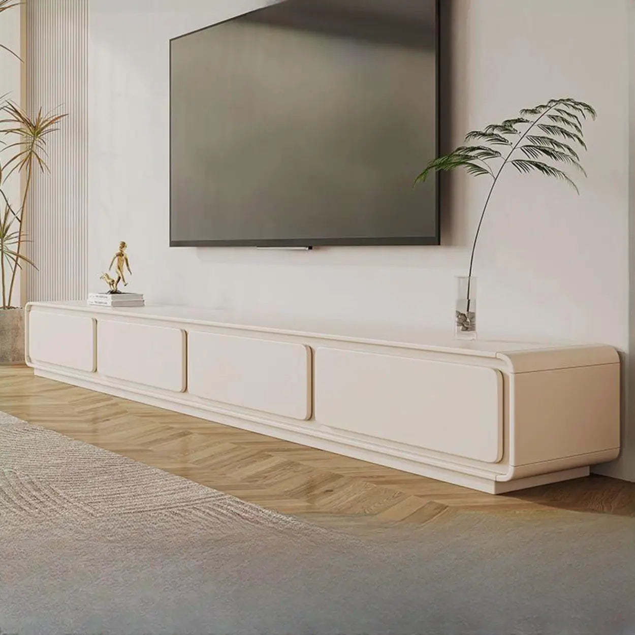 Simple White Wood Rectangular TV Stand with Drawers