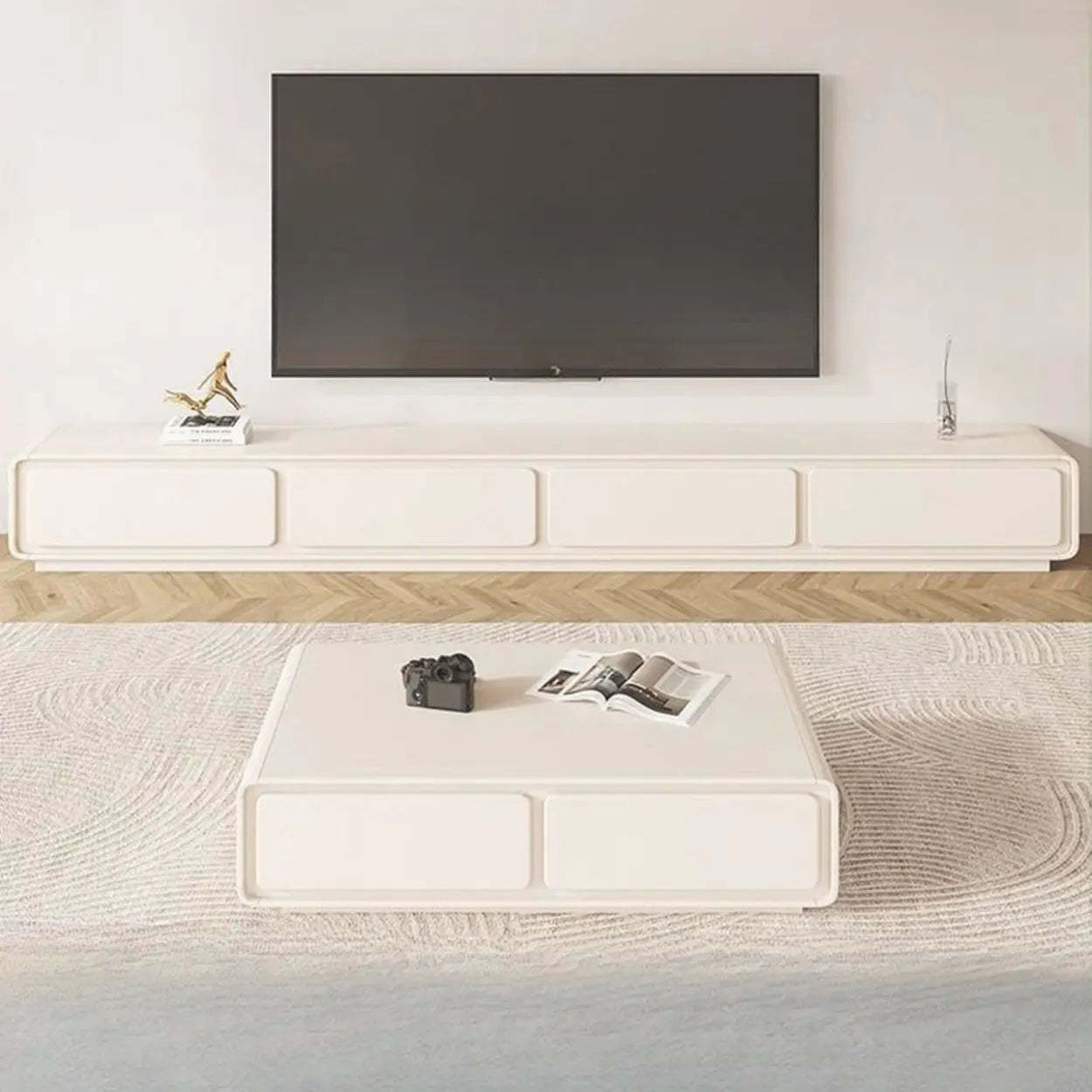 Simple White Wood Rectangular TV Stand with Drawers