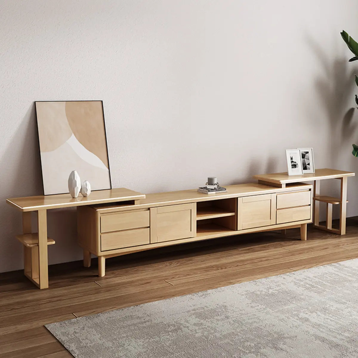 Simple Wood Tone Open Storage Long TV Stand — Wood Color