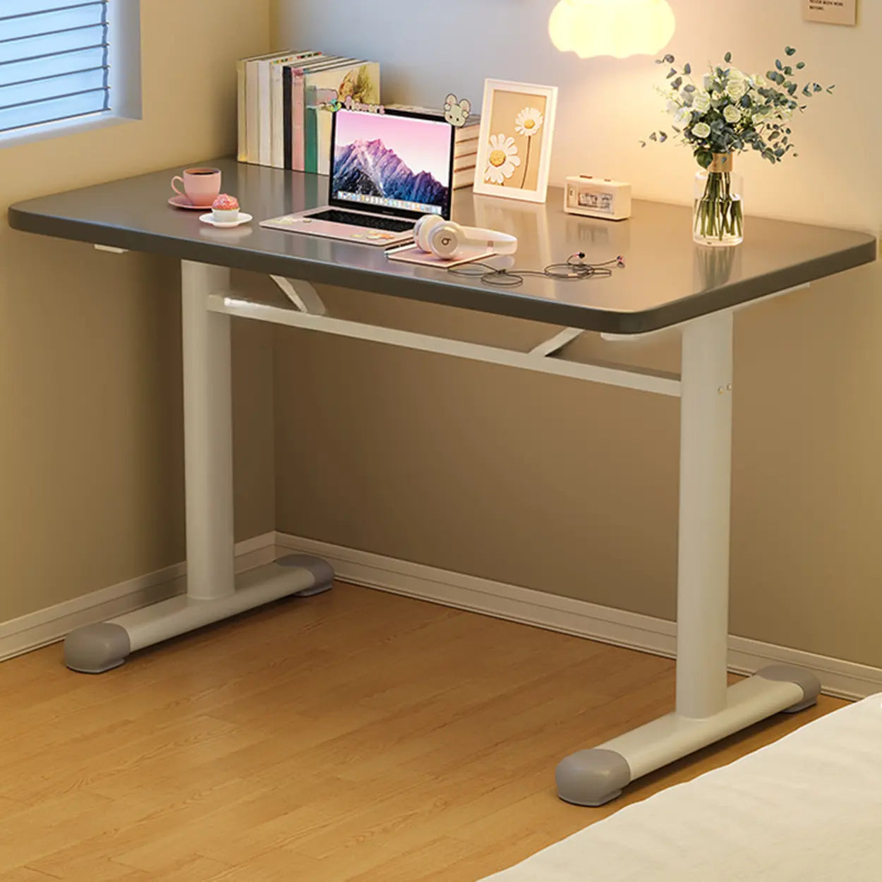 Single Adjustable Wood Computer Desk with Casters — Grey / Table Only