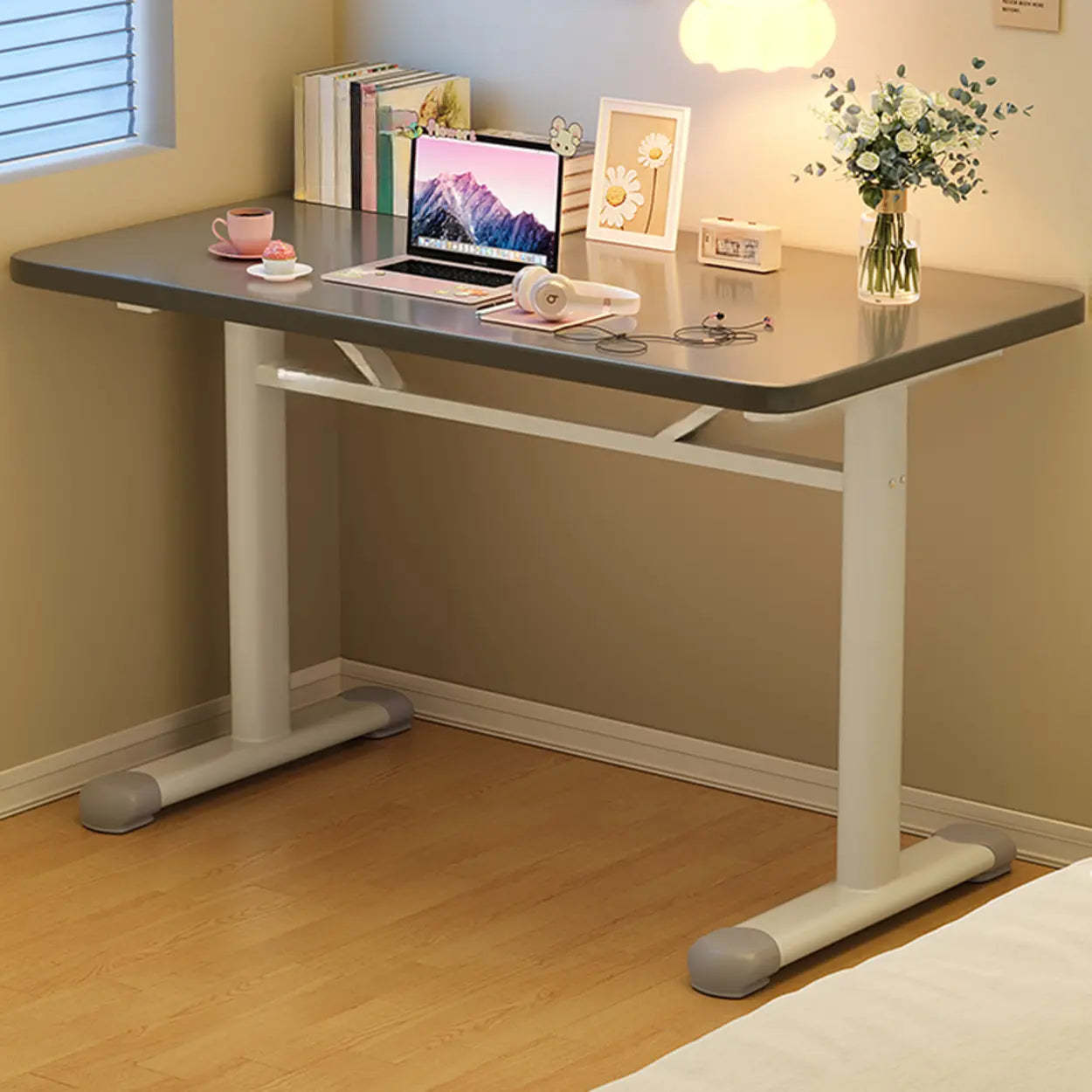 Single Adjustable Wood Computer Desk with Casters — Grey / Table Only