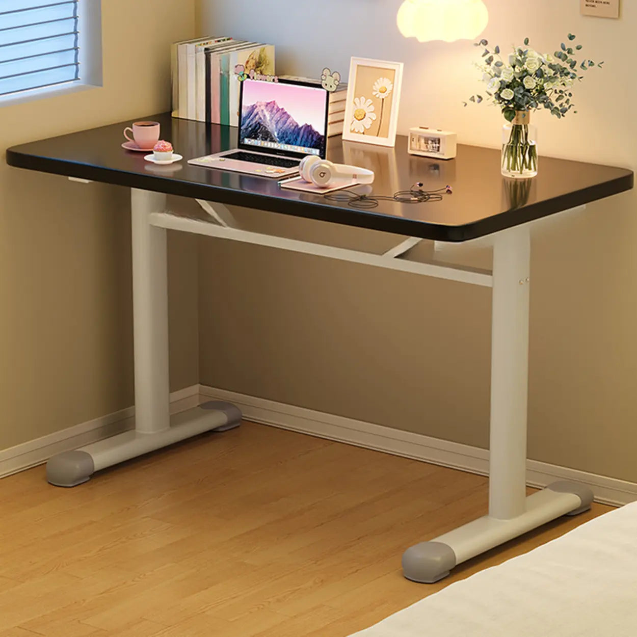 Single Adjustable Wood Computer Desk with Casters — Grey / Table Only