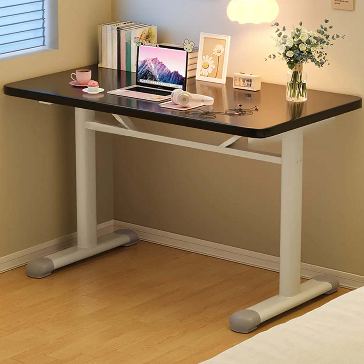 Single Adjustable Wood Computer Desk with Casters — Grey / Table Only