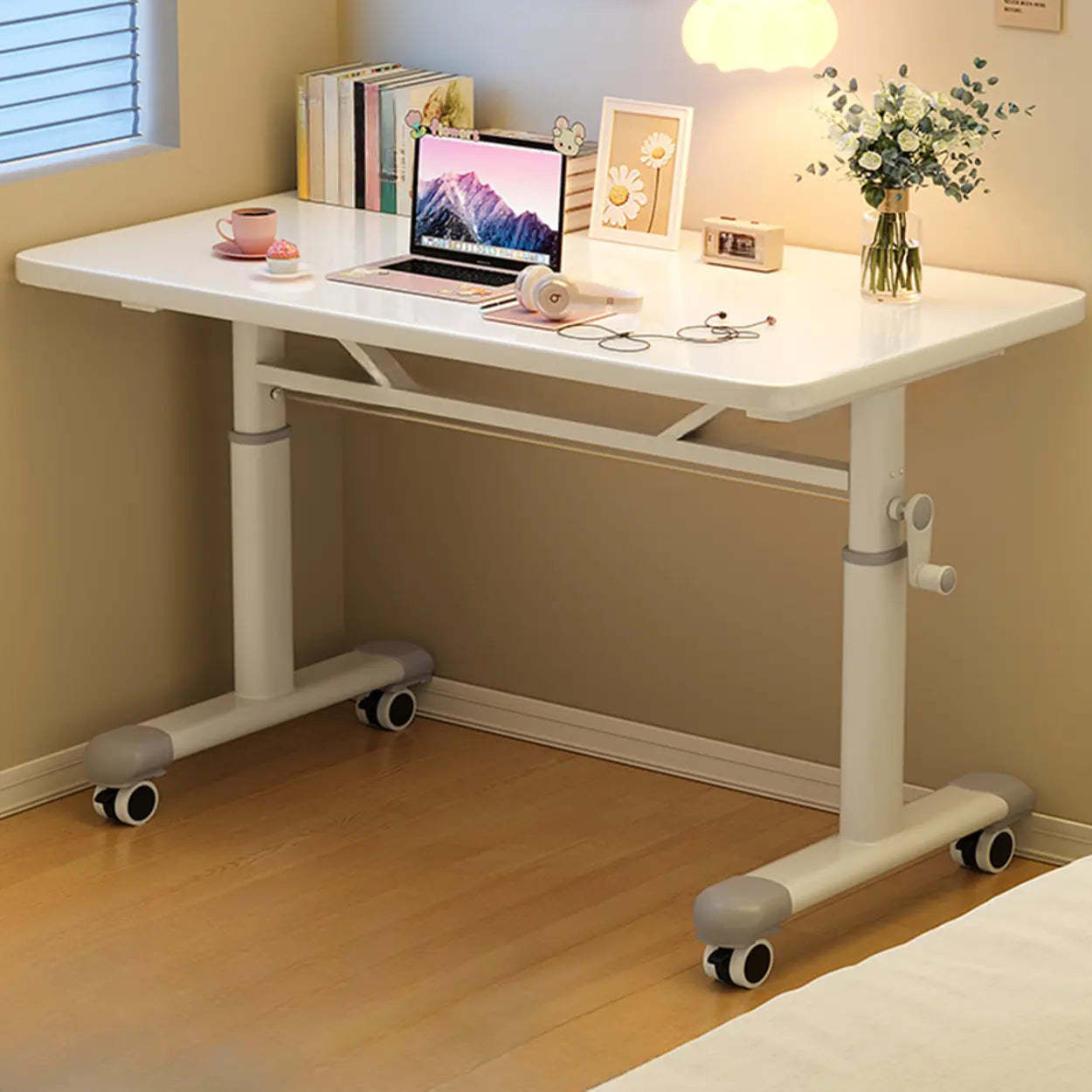 Single Adjustable Wood Computer Desk with Casters — Black / Table Only
