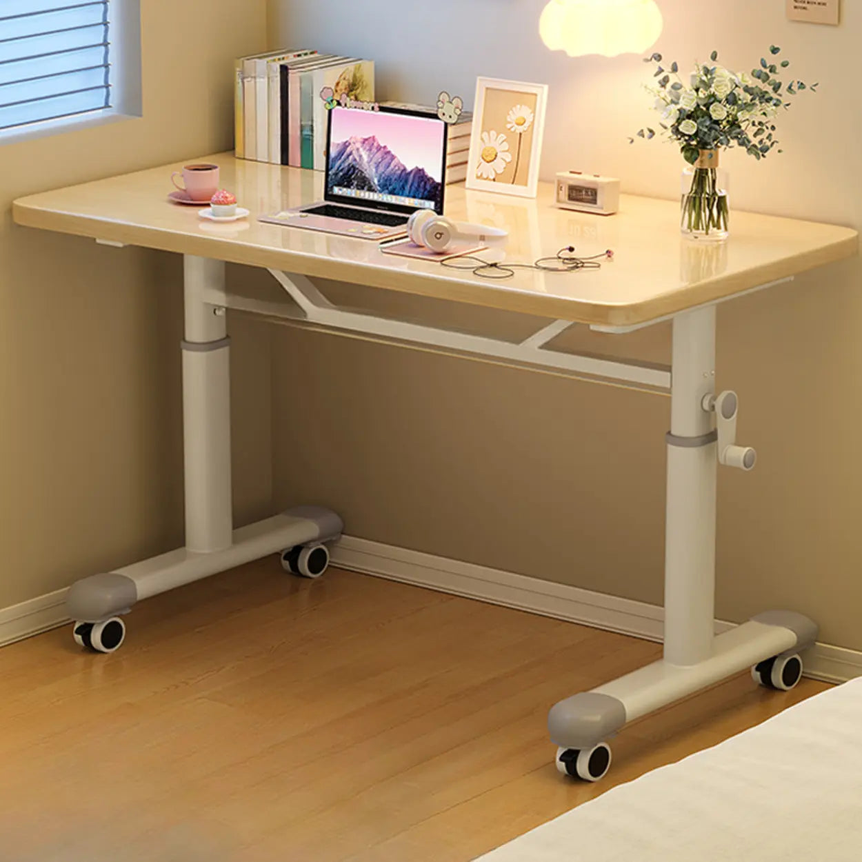 Single Adjustable Wood Computer Desk with Casters — Black / Table Only