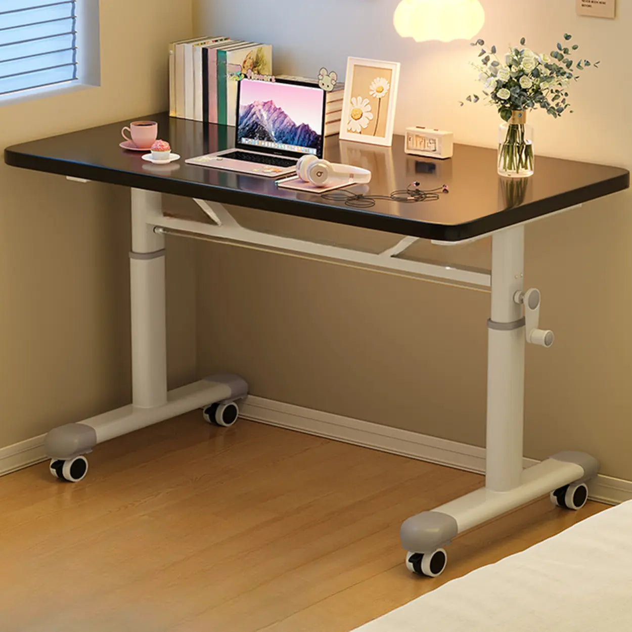 Single Adjustable Wood Computer Desk with Casters — White / Table Only