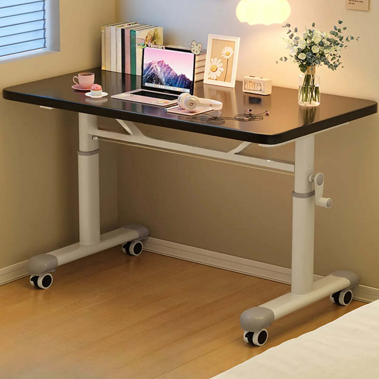 Single Adjustable Wood Computer Desk with Casters — White / Table Only