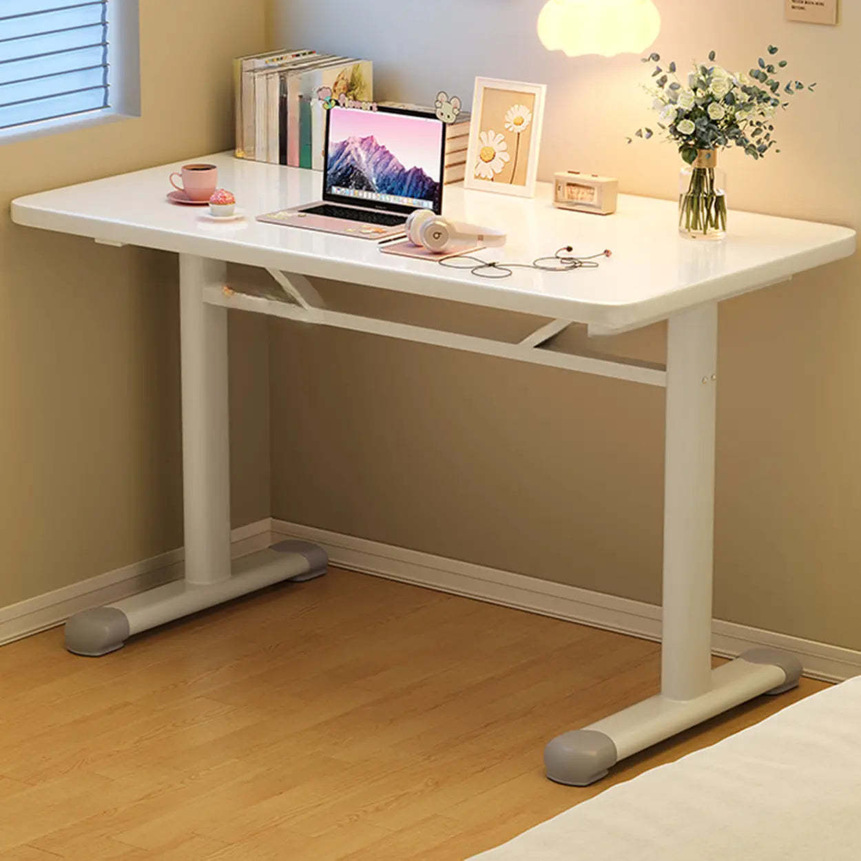 Single Adjustable Wood Computer Desk with Casters — White / Table Only