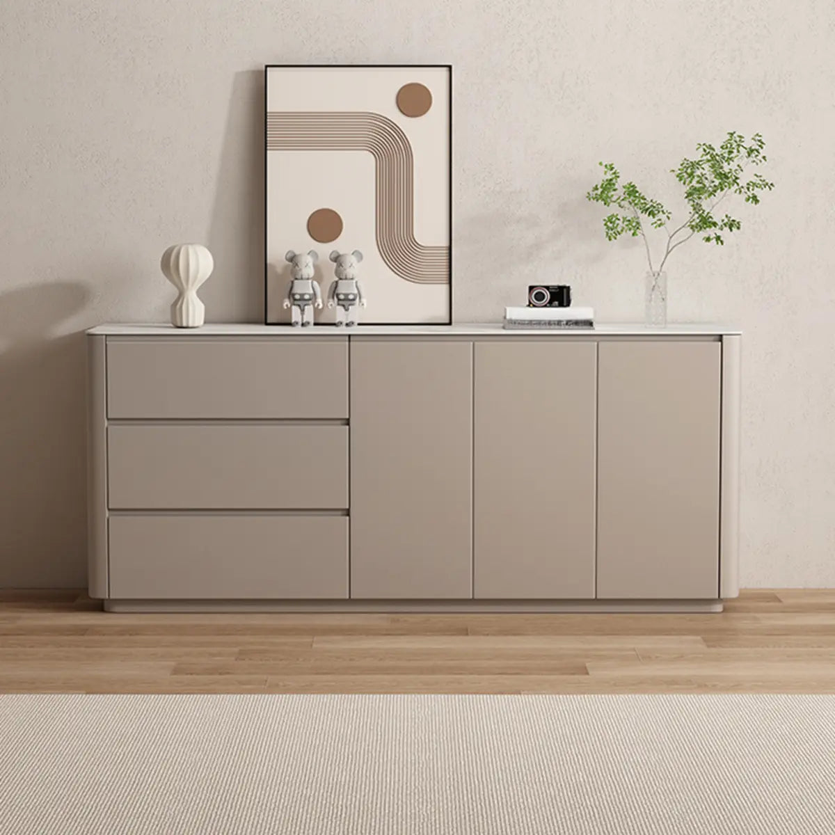 Sintered Stone Top White Wood Drawer Buffet