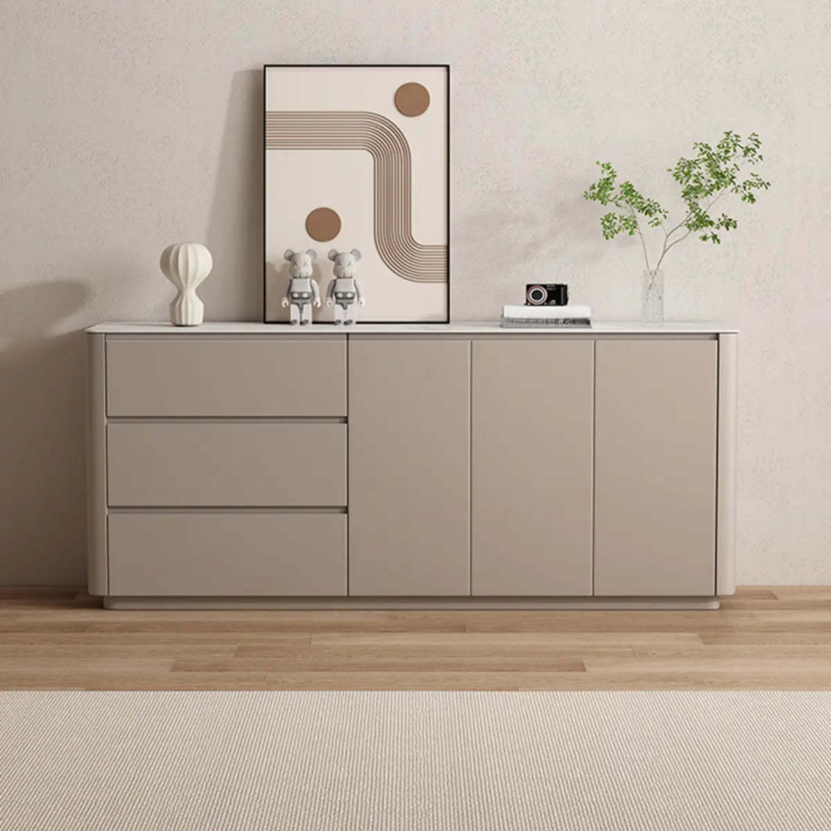 Sintered Stone Top White Wood Drawer Buffet