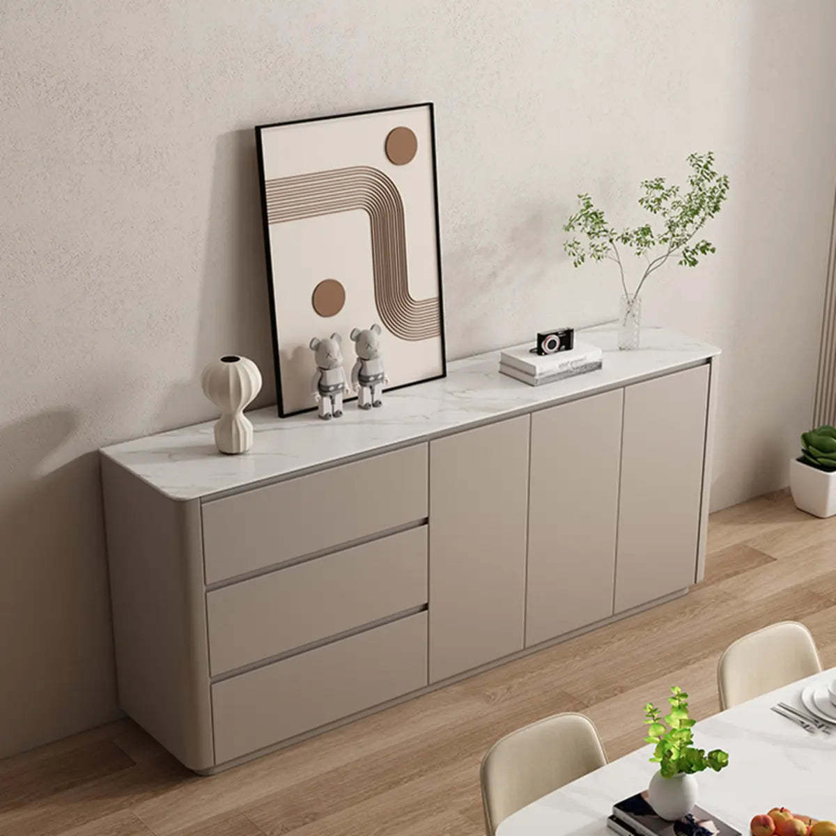 Sintered Stone Top White Wood Drawer Buffet