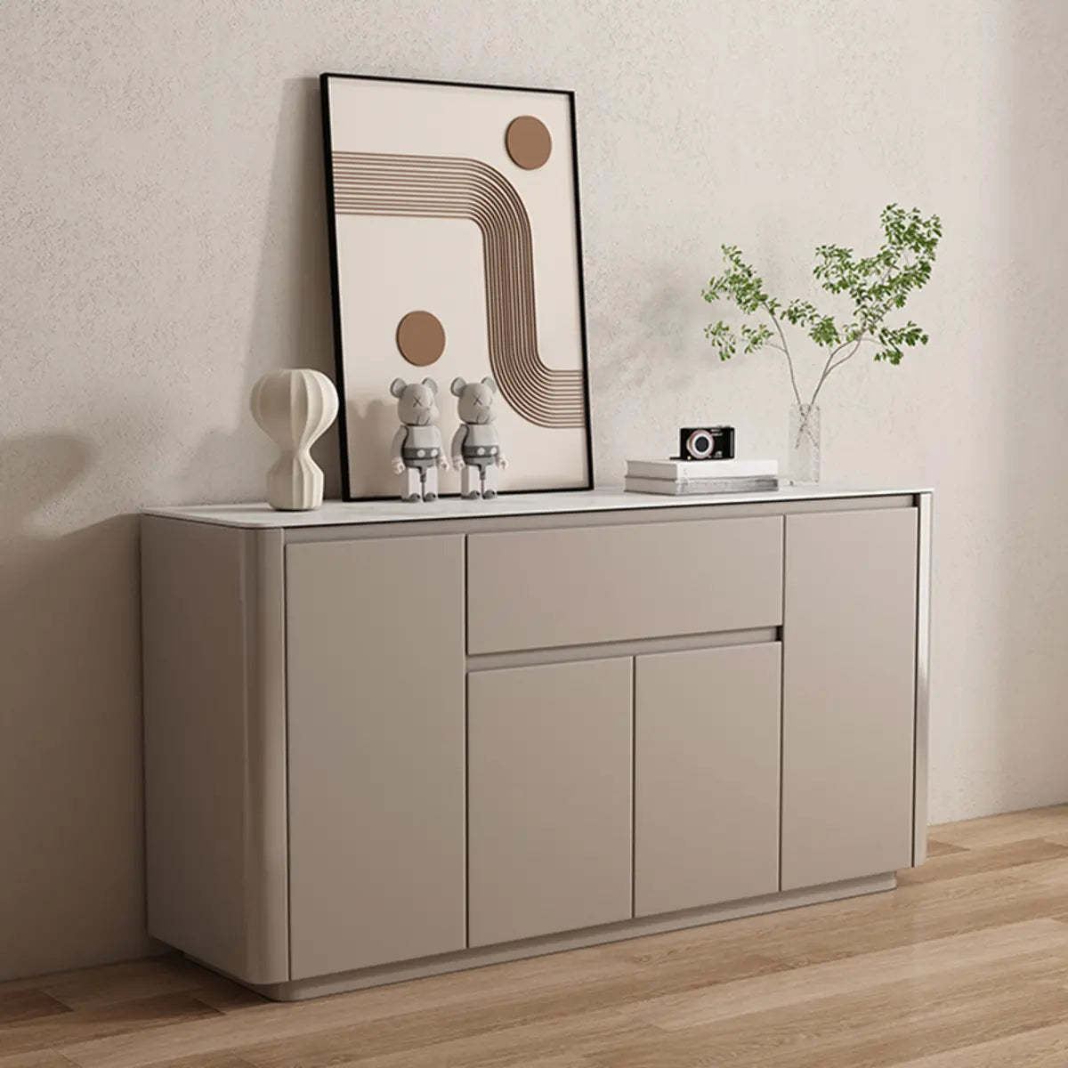 Sintered Stone Top White Wood Drawer Buffet