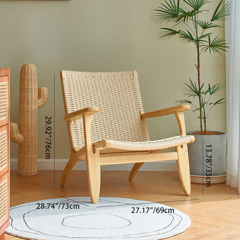 Scandinavian Rectangular Wood Rattan Armrest Chair