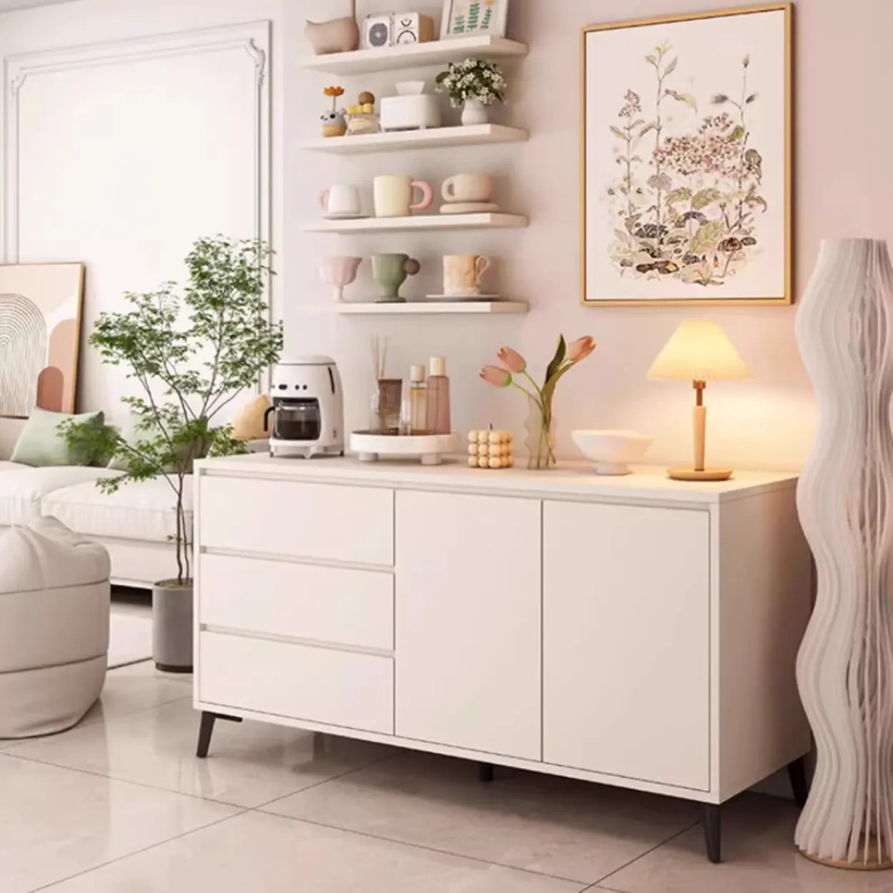 White Slab Wood Sideboard with Drawers