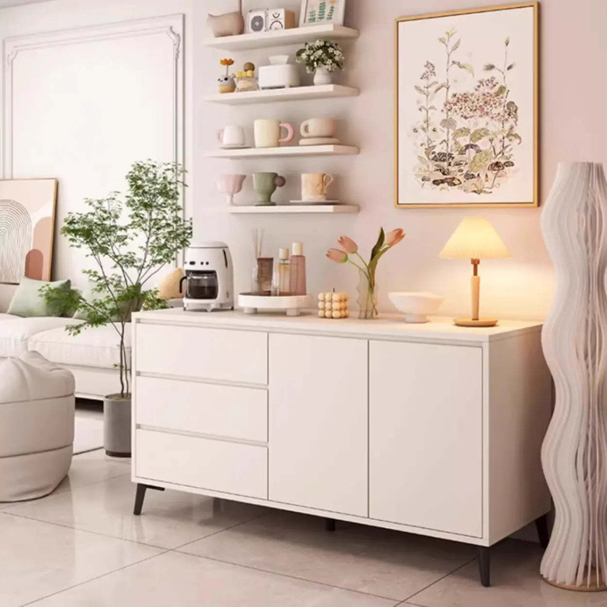 White Slab Wood Sideboard with Drawers
