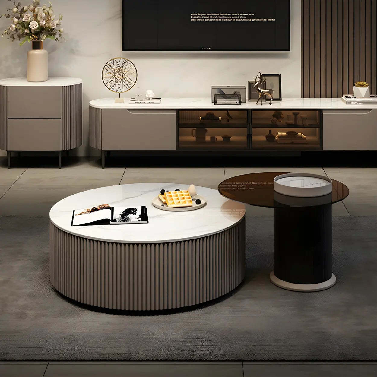 Slate Glass Round Drum-Base Coffee Table with Storage