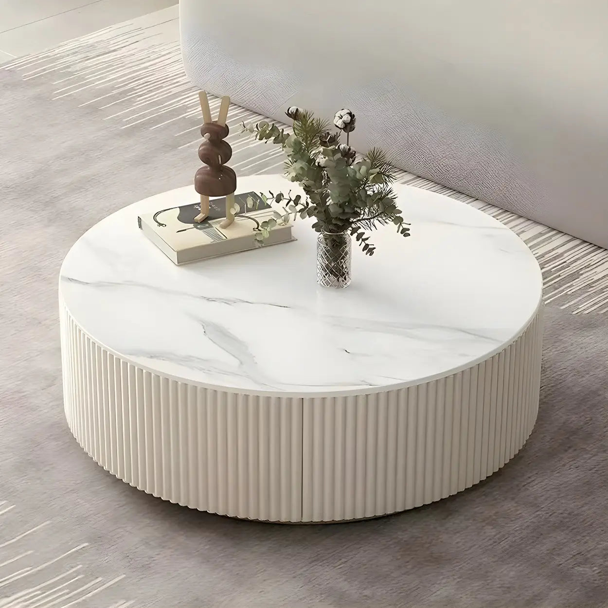 Slate Glass Round Drum-Base Coffee Table with Storage — White
