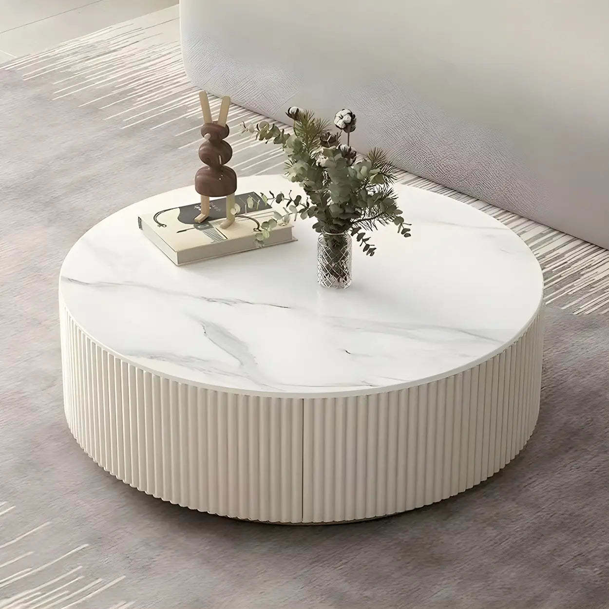 Slate Glass Round Drum-Base Coffee Table with Storage — White