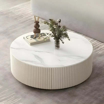 Slate Glass Round Drum-Base Coffee Table with Storage — White