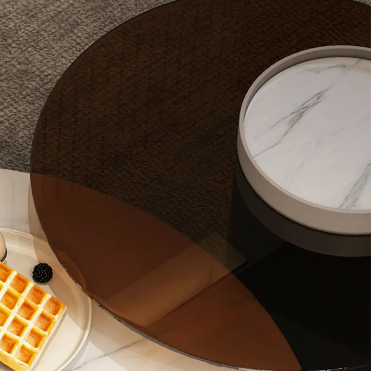 Slate Glass Round Drum-Base Coffee Table with Storage
