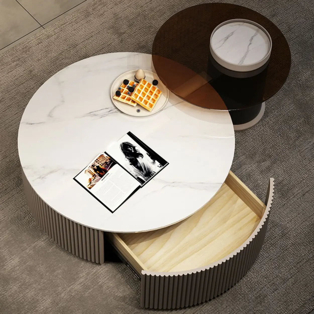 Slate Glass Round Drum-Base Coffee Table with Storage