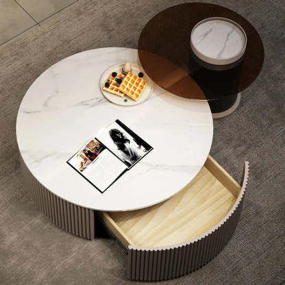 Slate Glass Round Drum-Base Coffee Table with Storage