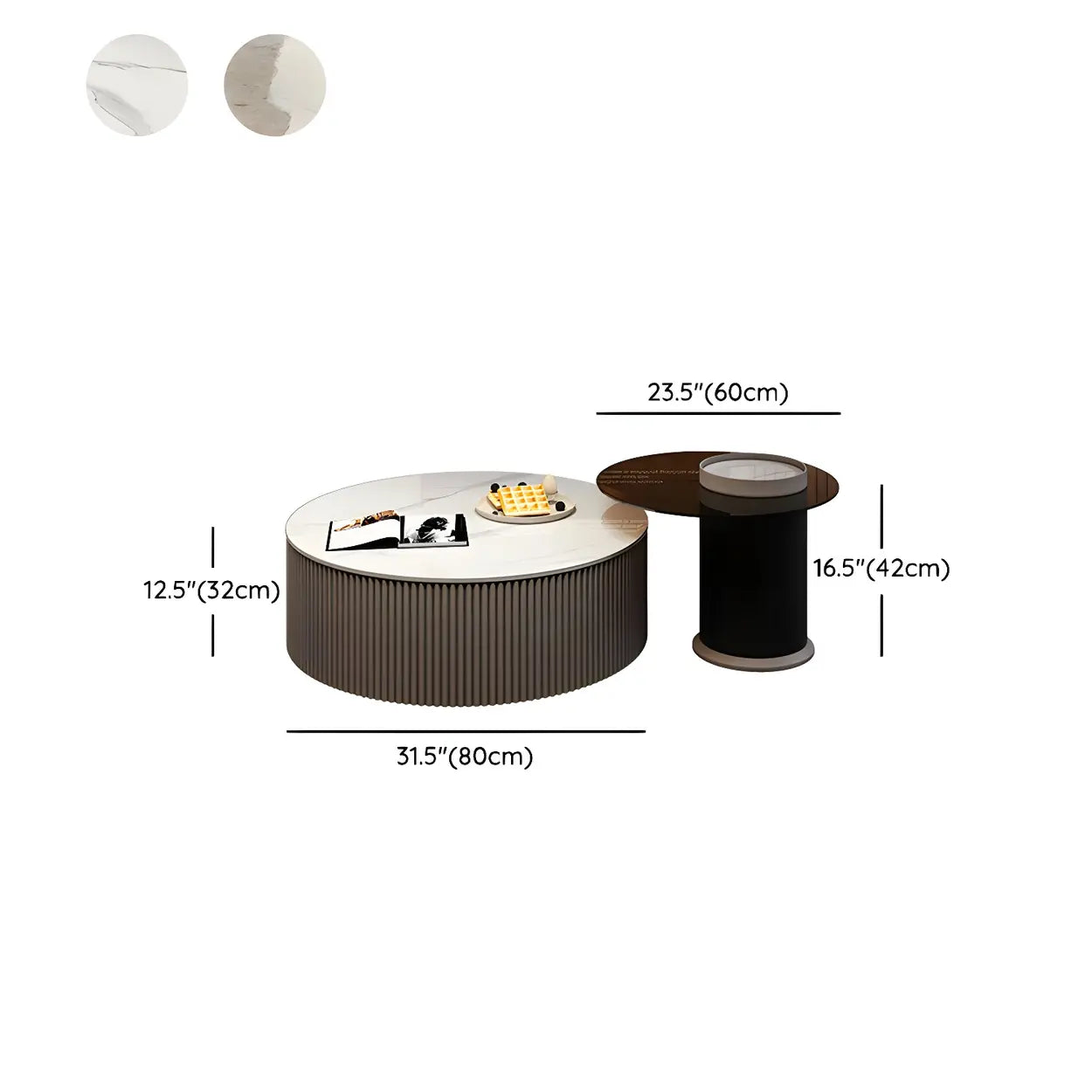 Slate Glass Round Drum-Base Coffee Table with Storage