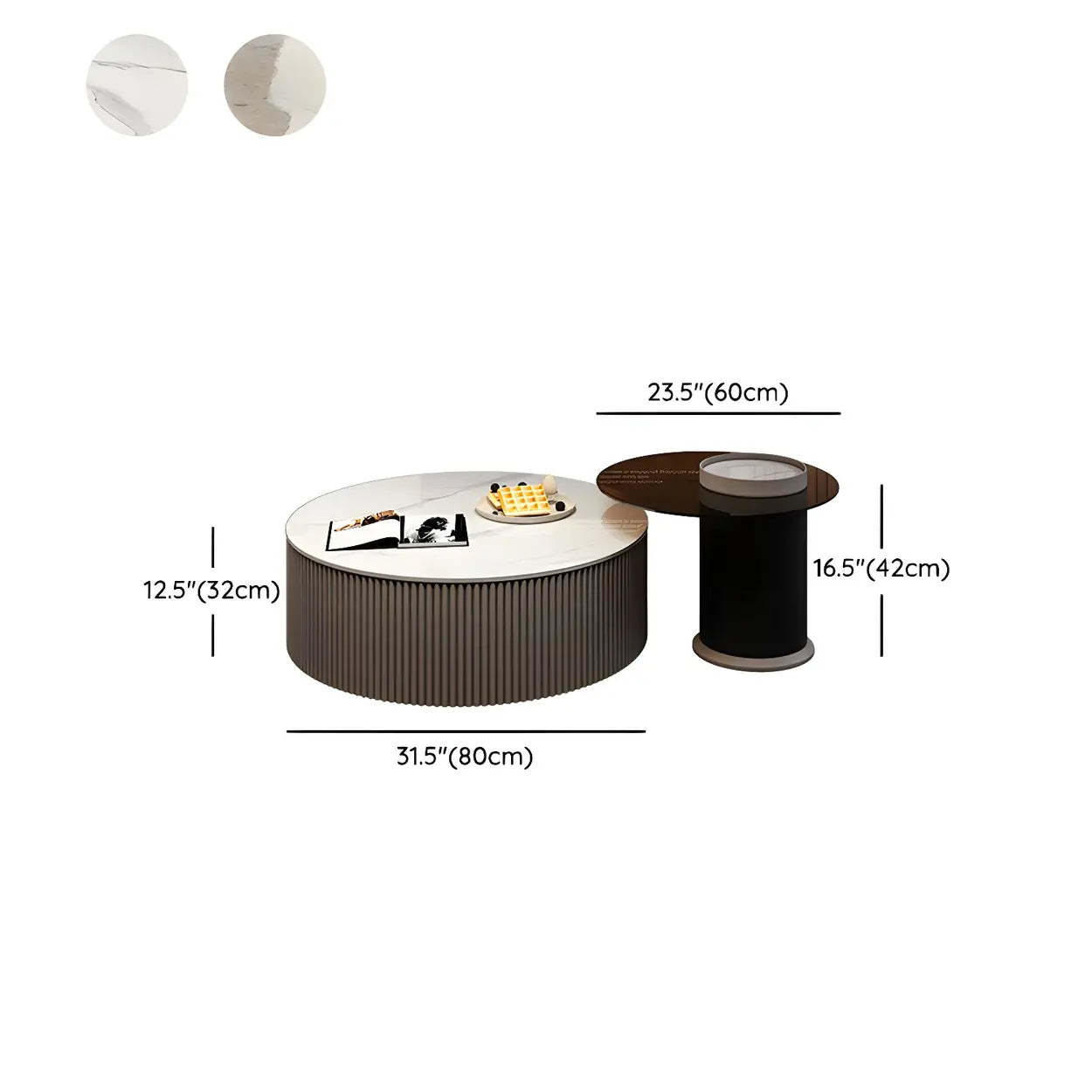 Slate Glass Round Drum-Base Coffee Table with Storage