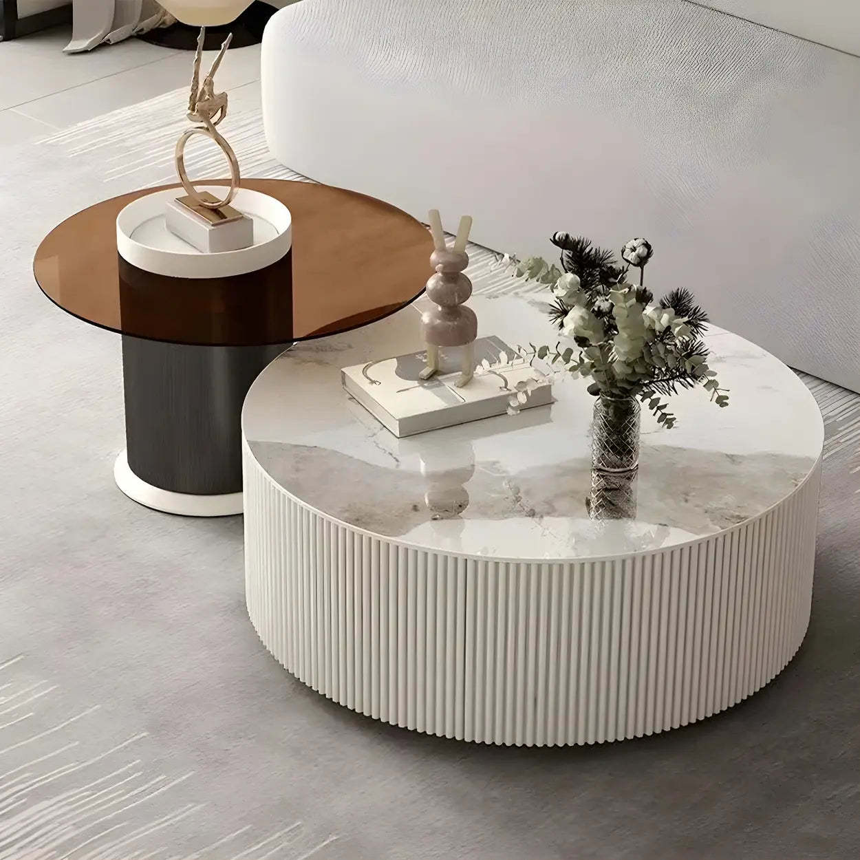 Slate Glass Round Drum-Base Coffee Table with Storage — Pandora